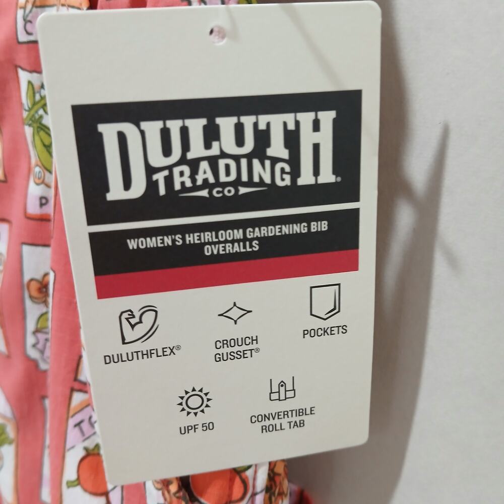 DULUTH TRADING Heirloom Gardening Bib Overalls Medium 31 NWT Coral Seed Packets - Picture 12 of 15